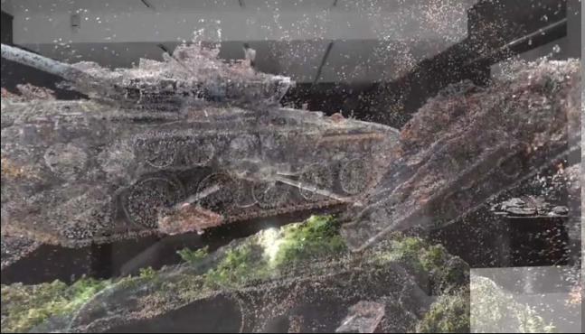 A point-cloud scan of a destroyed tank.