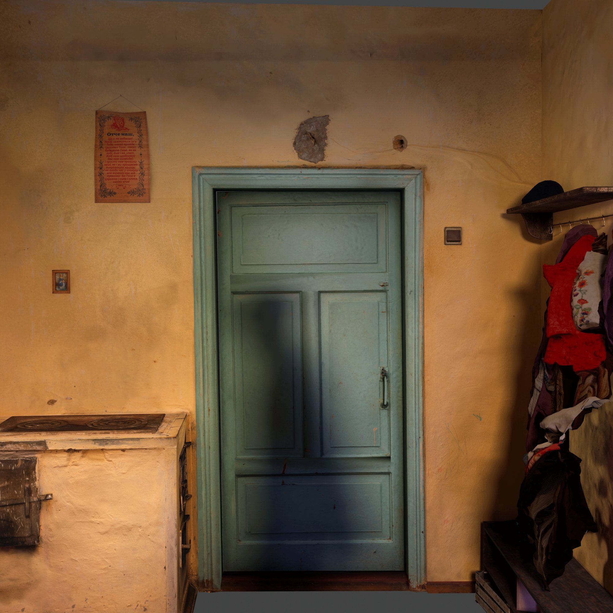 A green hallway door in a yellow plaster wall; the shadow of a standing man falls across it.