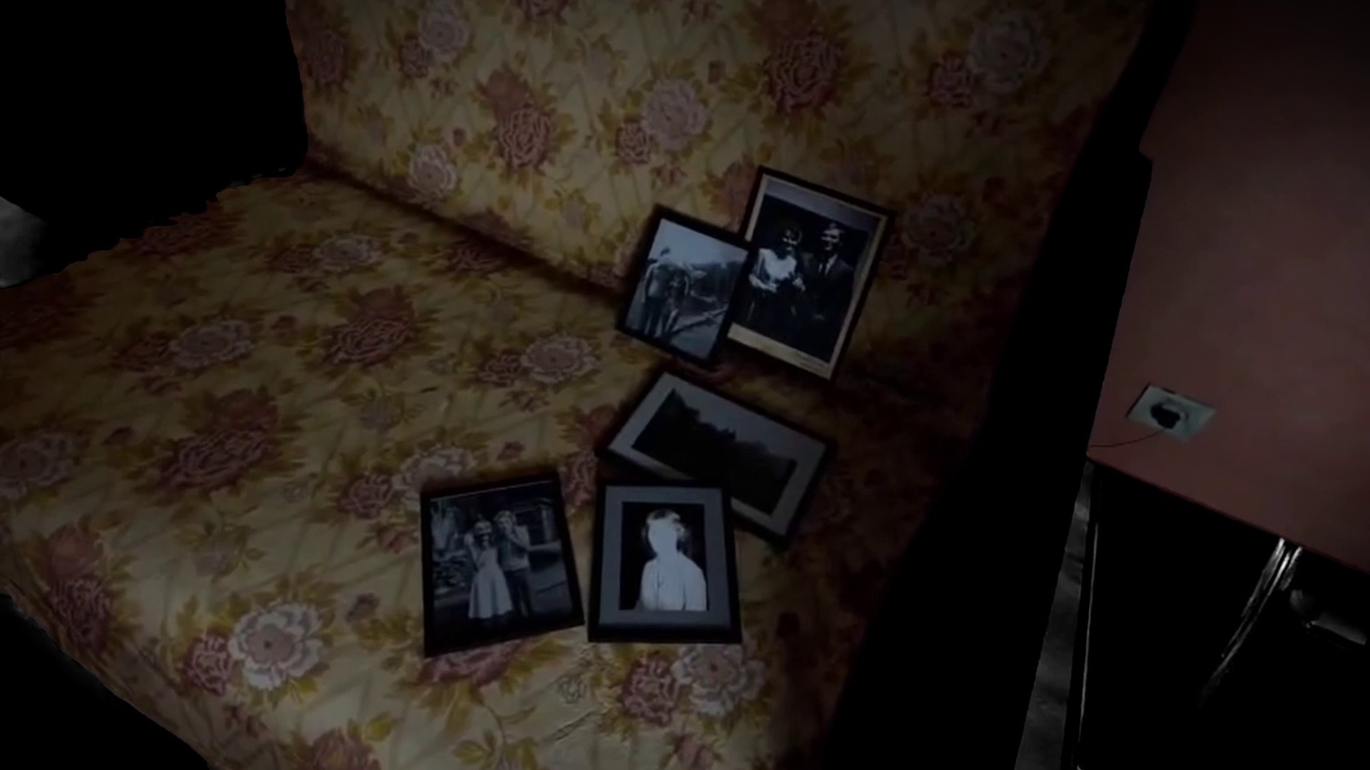 Framed photographs lying on a floral sofa.